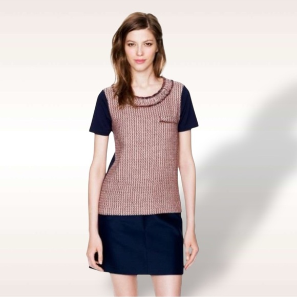 J. Crew Navy Blue, Burgundy & Camel Silk-Blend Tweed Front Tee Size Small - Picture 1 of 13